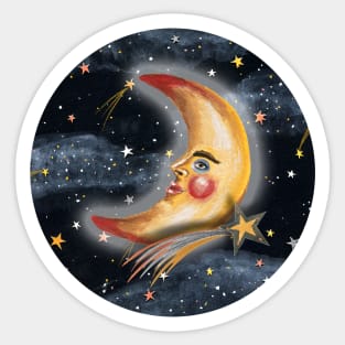Crescent Moon Man with Shooting Stars Sticker